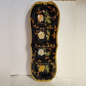 Raymond Waites Ceramic Relish Tray Crimson Garden Floral Black Gold Trim 19 1/2"
